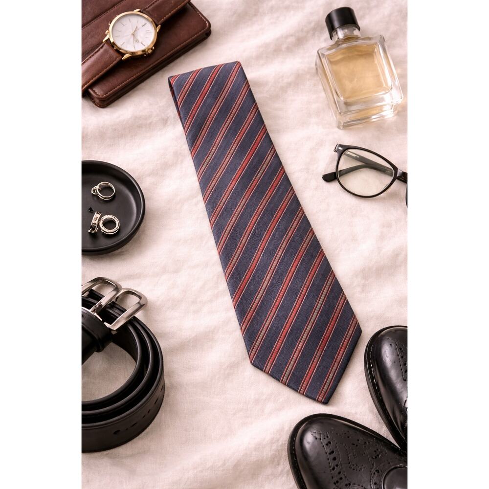 Vintage Club Monaco Men's Slim Necktie Blue Gray Red Classic Striped Tie